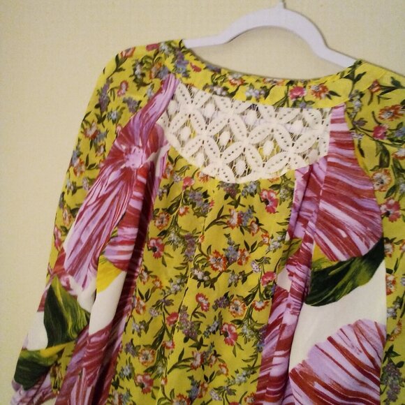 New Directions Blouse S Half Sleeve Boho Flowing Lace Floral Patchwork Colorful - Picture 13 of 15